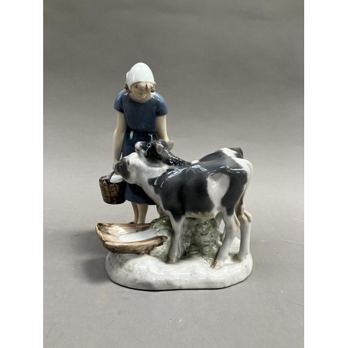 44 - A Bing & Grondahl group of milkmaid with pail of milk and two calves, modelled by Axel Lochar, no. 2... 