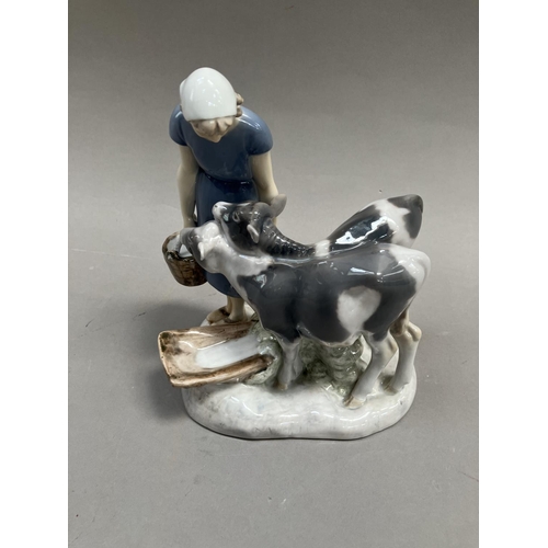 44 - A Bing & Grondahl group of milkmaid with pail of milk and two calves, modelled by Axel Lochar, no. 2... 