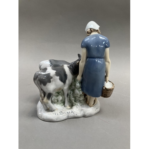 44 - A Bing & Grondahl group of milkmaid with pail of milk and two calves, modelled by Axel Lochar, no. 2... 