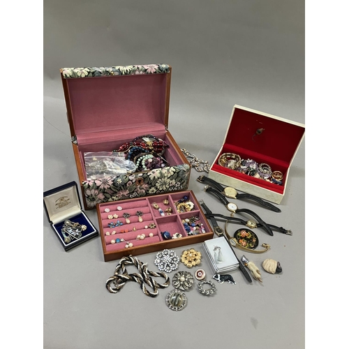 264 - Two jewellery  boxes containing a collection of late 20th Century costume jewellery including ear st... 