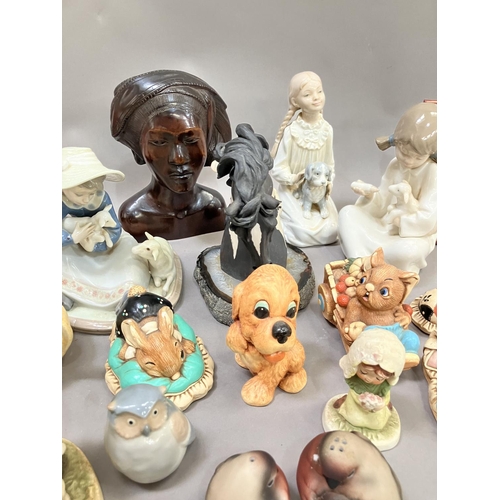 183 - A Lladro figure of a girl with lambs, two Nao figures, a collection of Pendelfin rabbits, two collie... 