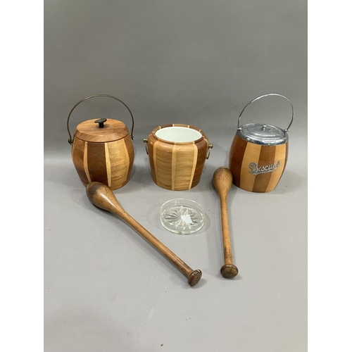 179 - Three biscuit and ice buckets, a pair of clubs and a cut glass dish