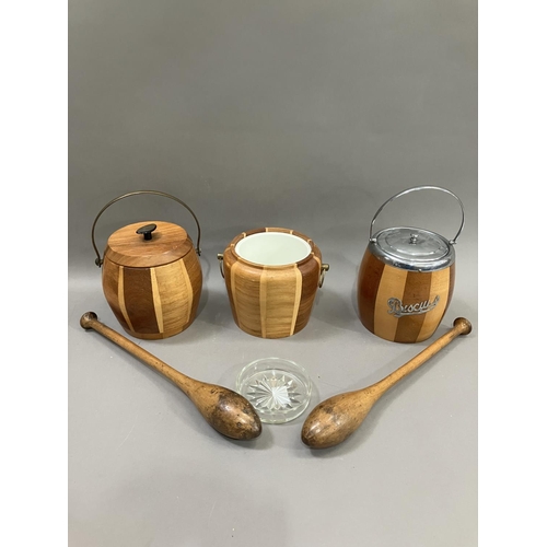 179 - Three biscuit and ice buckets, a pair of clubs and a cut glass dish