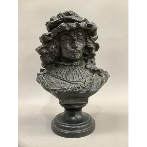 88 - A French pottery bust after Rudolf Uffrecht of Rembrandt on a stepped circular socle with ebonised f... 