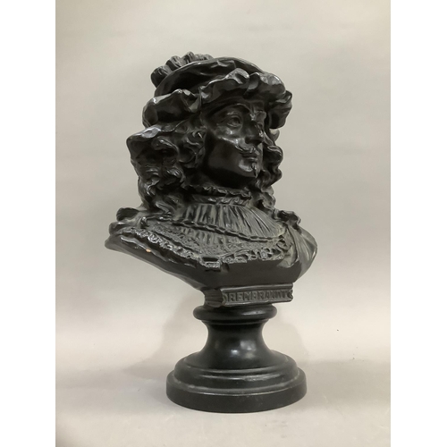 88 - A French pottery bust after Rudolf Uffrecht of Rembrandt on a stepped circular socle with ebonised f... 