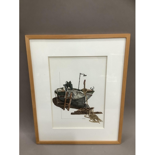 333 - Marco Egyptian, 20th century, moored fishing boat, pen and ink and colour wash signed, 34cm x 24cm