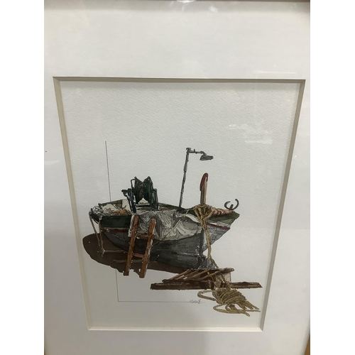 333 - Marco Egyptian, 20th century, moored fishing boat, pen and ink and colour wash signed, 34cm x 24cm