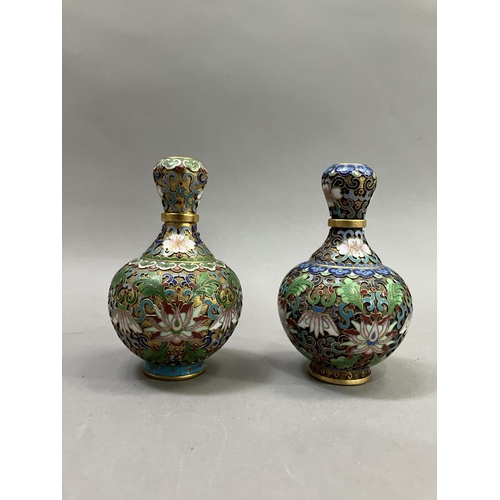 55 - A matched pair of Chinese cloisonné vases enamelled in green, blue, pale rose and deep red, 10.5cm h... 