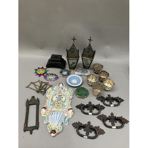 215 - Two ecclesiastical lanterns, four drawer pulls, a majolica plaque, perforated tealights, Jasperware ... 