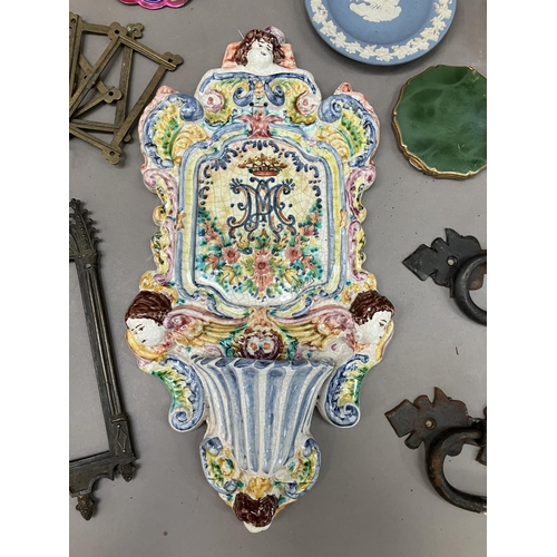 215 - Two ecclesiastical lanterns, four drawer pulls, a majolica plaque, perforated tealights, Jasperware ... 