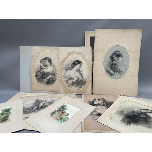 156 - A portfolio of mounted portraits in charcoal by Gertrude Sykes, of people and animals, signed and da... 