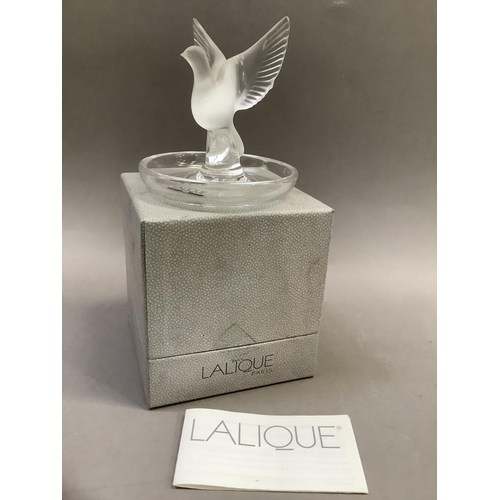 19 - A Lalique trinket dish formed as a dove, etched to the base with Lalique, in original box