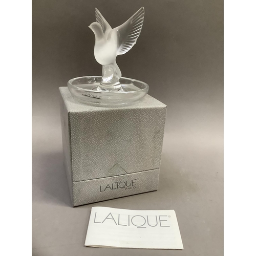 19 - A Lalique trinket dish formed as a dove, etched to the base with Lalique, in original box