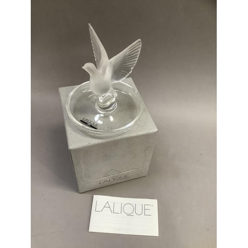 19 - A Lalique trinket dish formed as a dove, etched to the base with Lalique, in original box