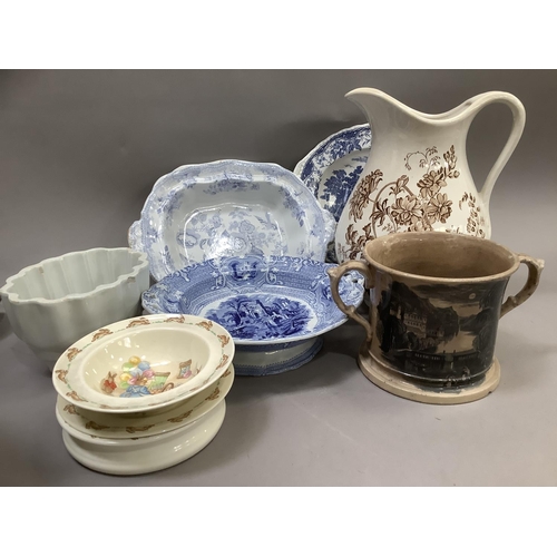 113 - A collection of 19th century and later blue and white ware including ironstone pedestal bowl, twin h... 