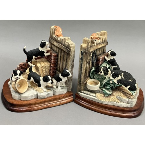 30 - A pair of Border Fine Arts figure group bookends 'Not a Moments Peace', on wooden base, 16cm high, w... 