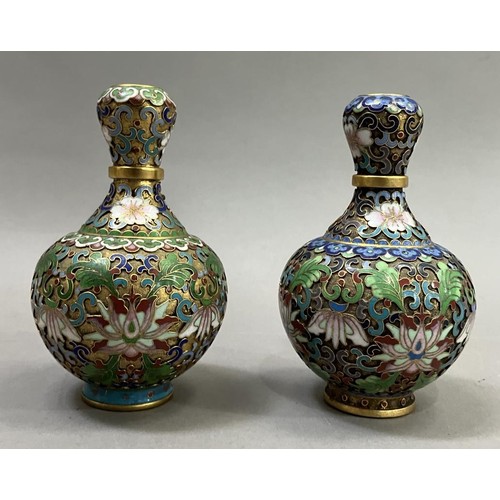 55 - A matched pair of Chinese cloisonné vases enamelled in green, blue, pale rose and deep red, 10.5cm h... 