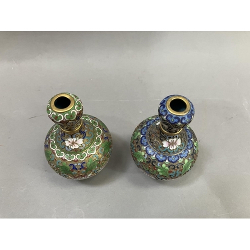 55 - A matched pair of Chinese cloisonné vases enamelled in green, blue, pale rose and deep red, 10.5cm h... 