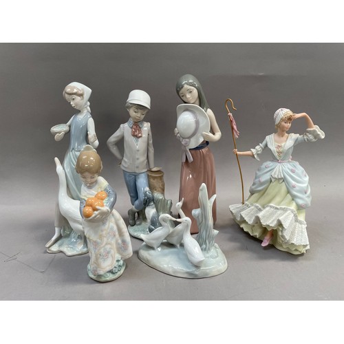 180 - Three Lladro figures of girls, a Nao figure of a boy and puppy, a Nao figure of Geese and a Wedgwood... 