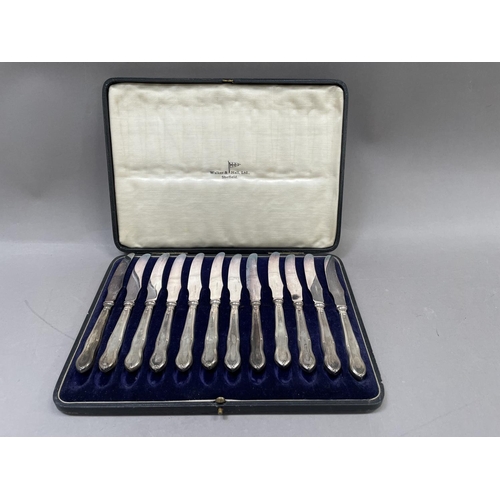 251 - A set of twelve George V silver handled tea knives, Sheffield 1927, maker Walker & Hall in fitted ca... 