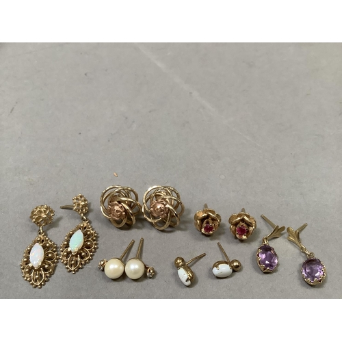 288 - Six pairs of ear studs, variously set with opal, amethyst, cultured pearl and rubies, A/F some witho... 