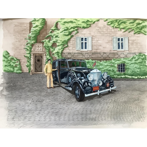 302 - Watercolour on paper, Monty & Rolls Royce, signed in pencil to lower left John. .. Riley and another... 