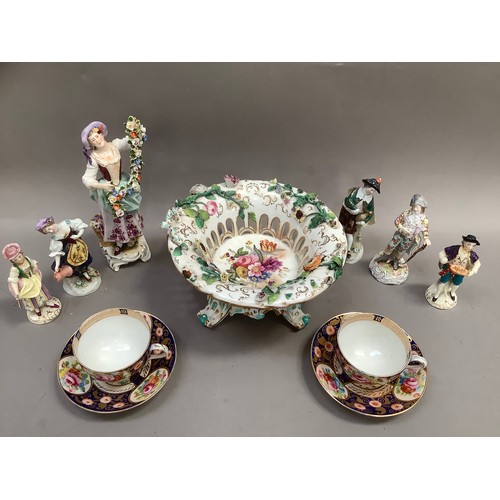 93 - A collection of 19th century continental and English porcelain including a pierced basket encrusted ... 