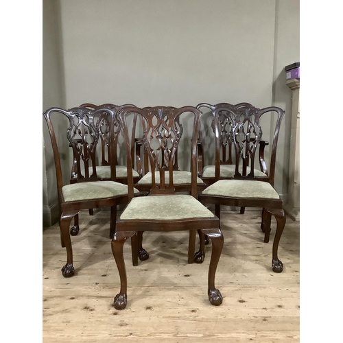 363 - A set of six mahogany Chippendale style dining chairs having a triple arched top rail above a pierce... 