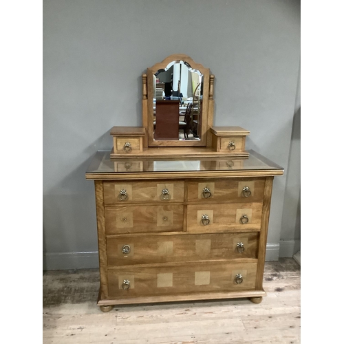 375 - A satinwood chest of four short above two long drawers on bun feet, the front inlaid with marbles an... 