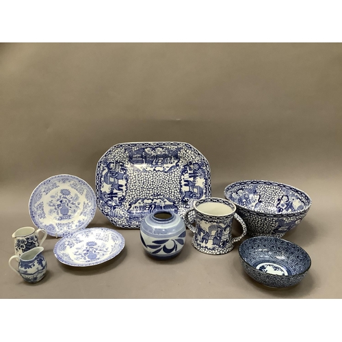 241 - Three items of Adam's blue and white Chinoiseries ware including a circular bowl on foot rim 19.5cm ... 