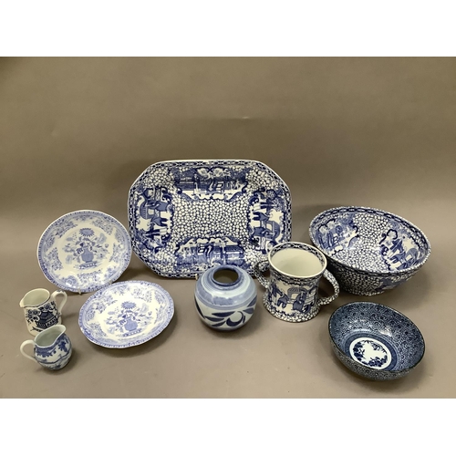 241 - Three items of Adam's blue and white Chinoiseries ware including a circular bowl on foot rim 19.5cm ... 