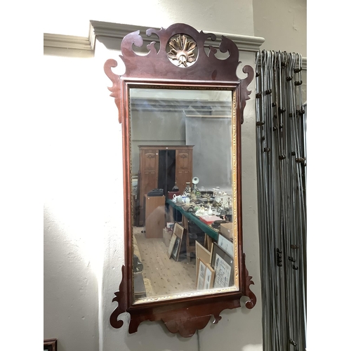 344 - A Georgian style mahogany rectangular wall mirror with fretwork frame, 94cm x 47cm