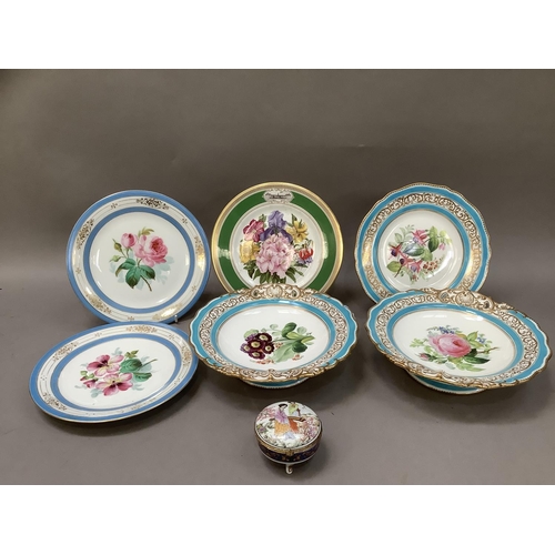 96 - A 19th century pale blue English porcelain dessert service having moulded gilt rims, the centres pai... 