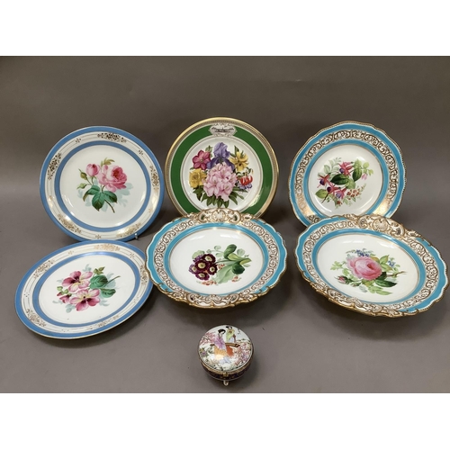 96 - A 19th century pale blue English porcelain dessert service having moulded gilt rims, the centres pai... 