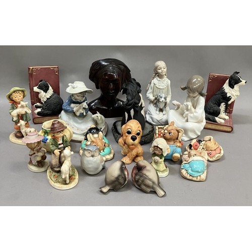 183 - A Lladro figure of a girl with lambs, two Nao figures, a collection of Pendelfin rabbits, two collie... 