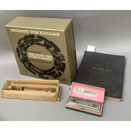 237 - Herbert Von Karajan: Wagner Ring cycle vinyl collection, M Hohner Echo Harp, Johannes Adler recorder... 