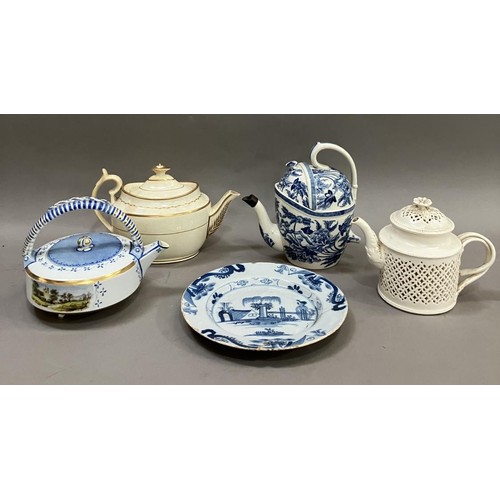 247 - Four teapots including Leeds Creamware, a Royal Worcester teapot with painted landscape, another Roy... 