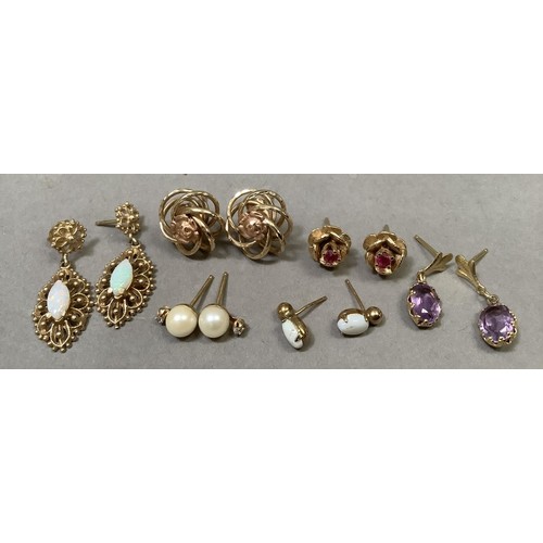 288 - Six pairs of ear studs, variously set with opal, amethyst, cultured pearl and rubies, A/F some witho... 