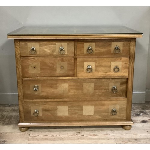 375 - A satinwood chest of four short above two long drawers on bun feet, the front inlaid with marbles an... 