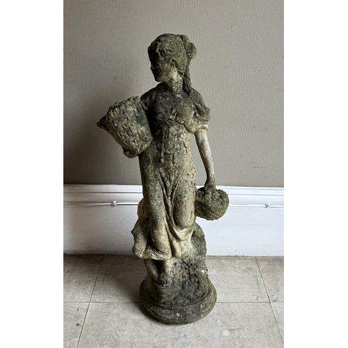 395 - A cast garden sculpture of a woman in a dress carrying baskets of flowers, 76cm high