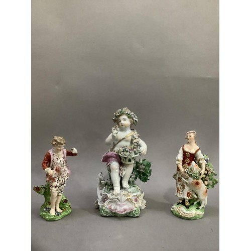 92 - A pair of English Derby figures of a boy and girl with dog and puppy together with a later figure of... 