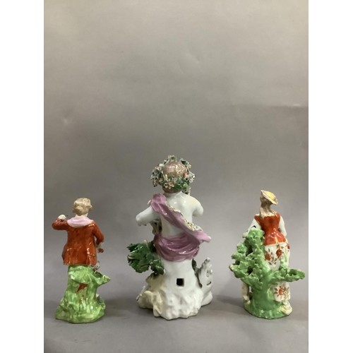 92 - A pair of English Derby figures of a boy and girl with dog and puppy together with a later figure of... 