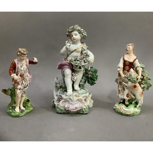 92 - A pair of English Derby figures of a boy and girl with dog and puppy together with a later figure of... 