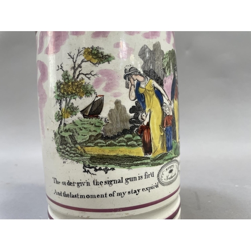 21 - A Sunderland lustre mug by Scott, Southwick, C.1820 printed enamelled with a sailor's departure leav... 