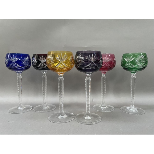 39 - A set of six cut glass hock glasses, the bowls in various colours, 19.5cm high