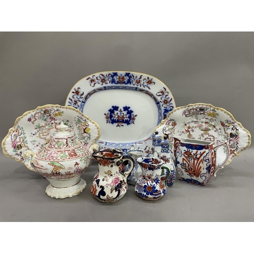 57 - A collection of ironstone including large plate, two Chinese Tree plates, a lidded tureen with Japan... 