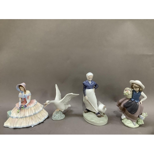 13 - A Royal Copenhagen figure of a Girl with Goose, together with a Lladro figure of a girl with flower ... 