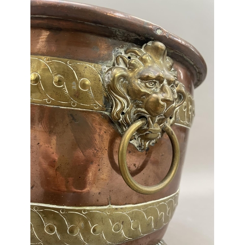 42 - A copper and brass banded jardiniere having lion mask ring pull handles on three paw feet, 24.5cm hi... 