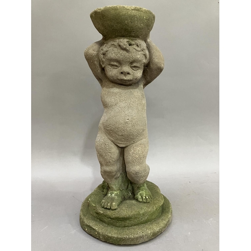 75 - A cast garden fountain base of a putti 35.5cm high