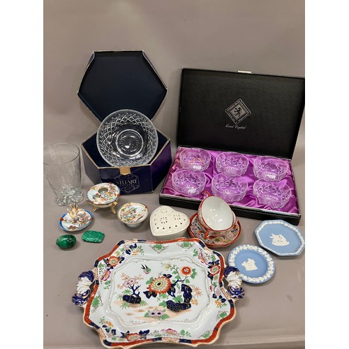 63 - A boxed Stuart crystal bowl and another, an Edinburgh crystal box of dessert bowls, an ironstone pla... 